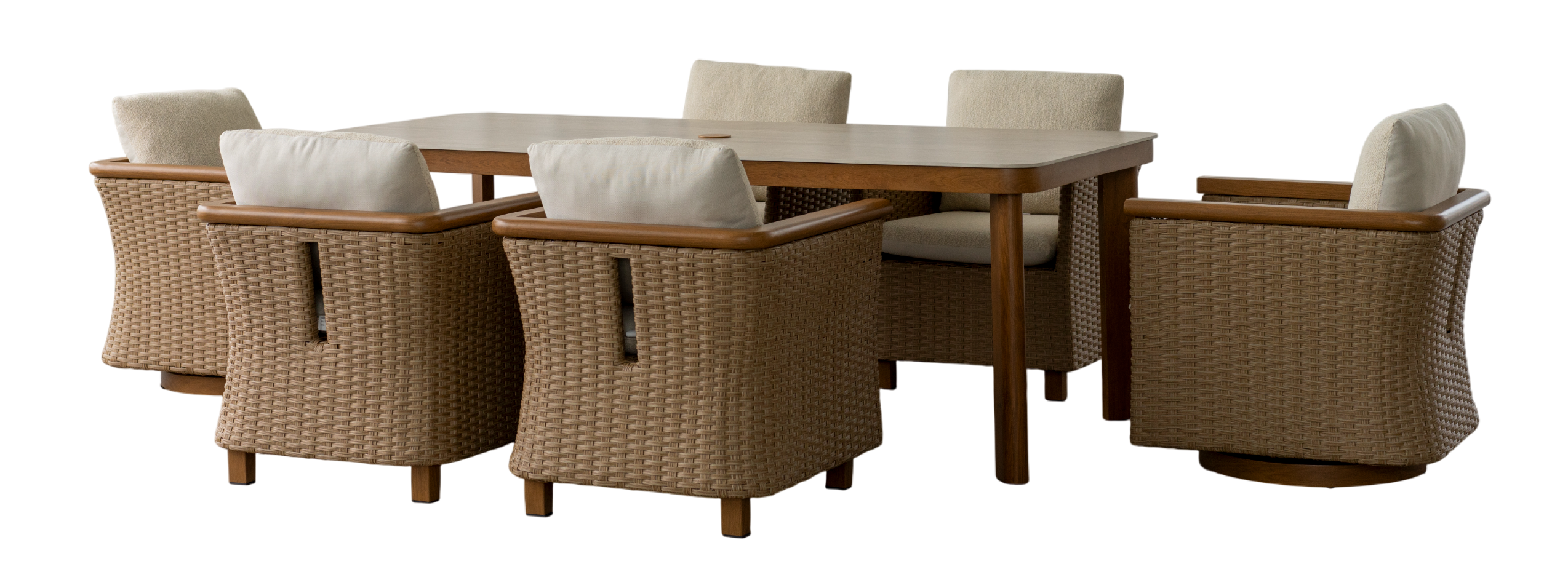 A 7-piece outdoor patio dining set featuring a rectangular wooden table and six woven wicker armchairs with cream-colored cushions, shown against a solid white background.