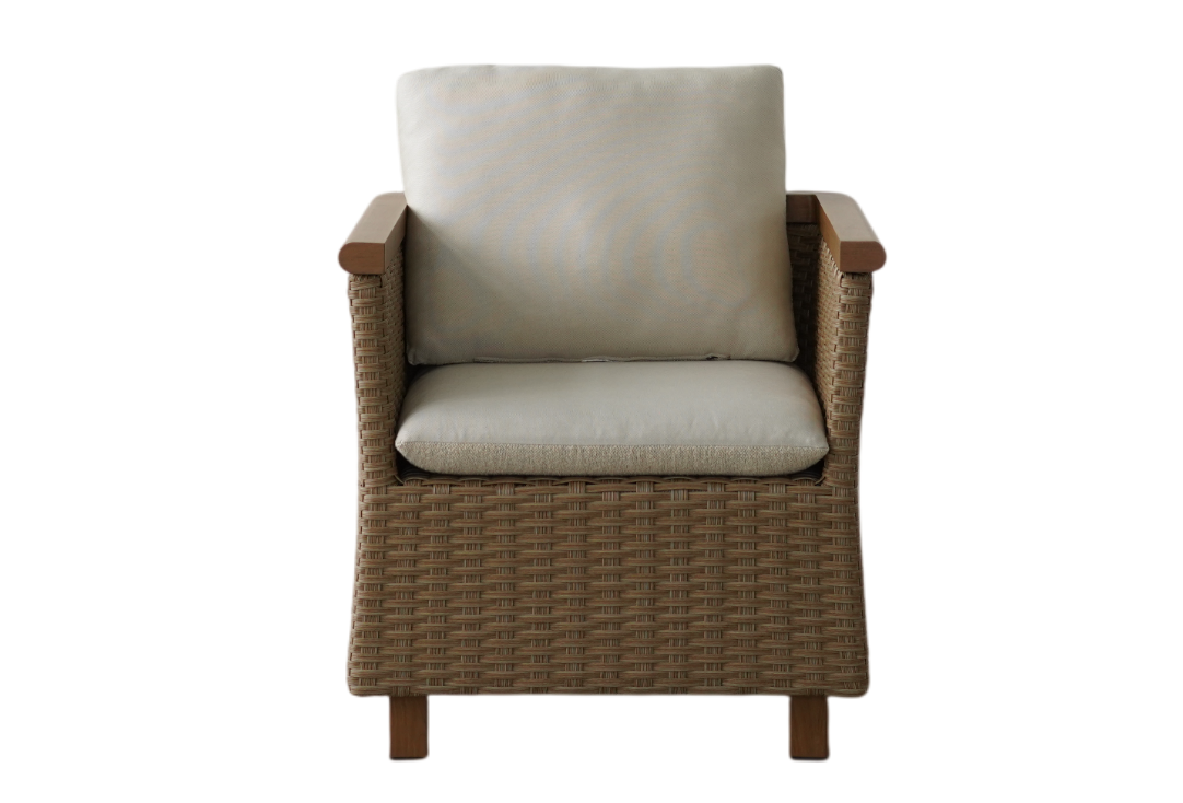 A single outdoor armchair with a brown woven wicker frame and light beige cushions, shown against a solid white background.