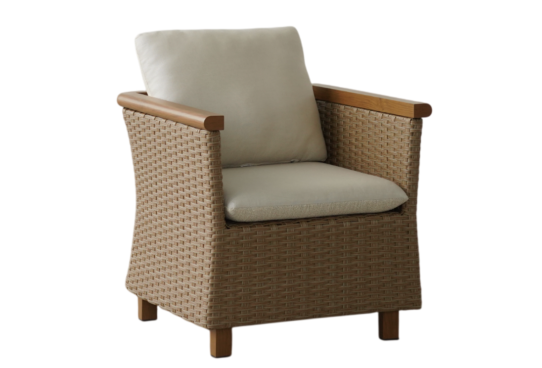 A single outdoor-style armchair with a woven brown wicker frame and light beige cushions, shown against a plain white background.