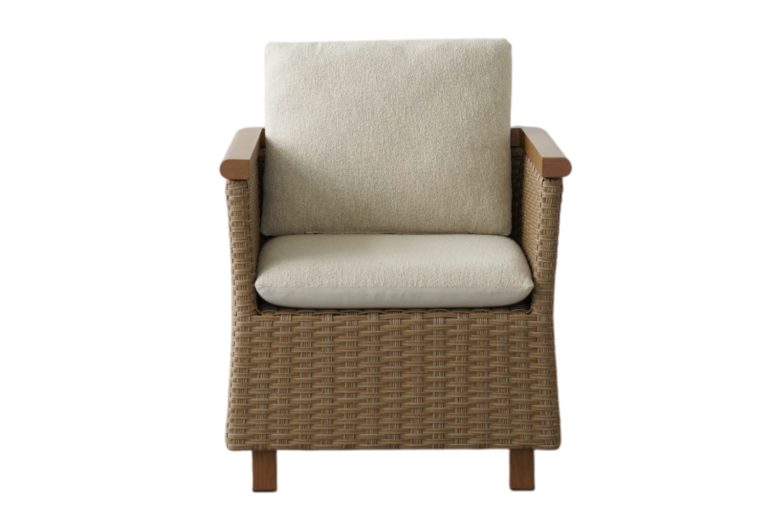A single outdoor armchair with a brown woven wicker frame and light beige cushions on the back and seat, shown against a solid white background.