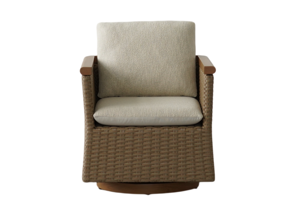 A single outdoor swivel armchair with a brown woven wicker frame and light beige cushions, shown against a solid white background.