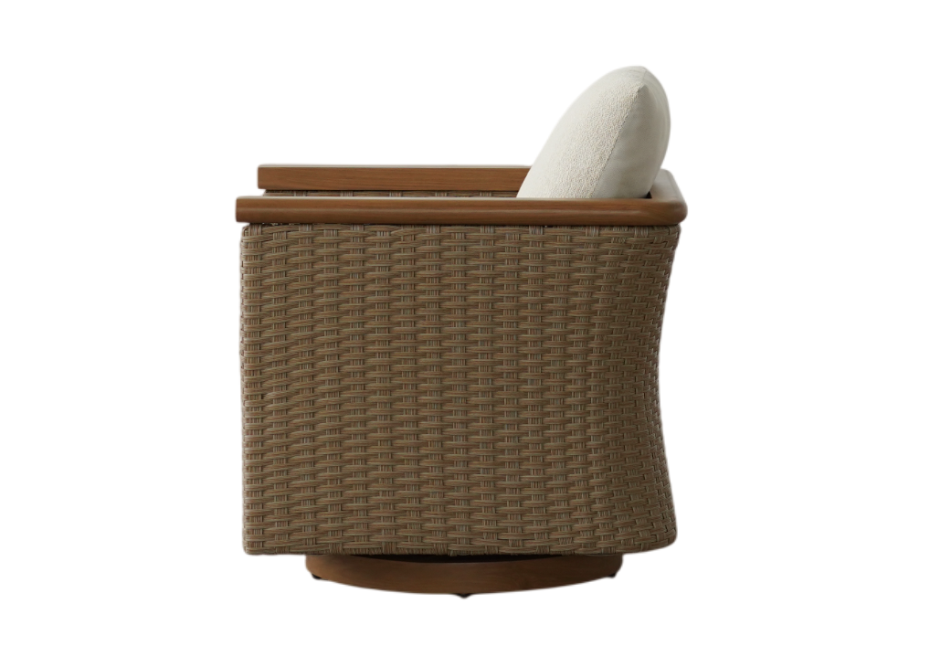 A single outdoor armchair with a brown woven wicker frame and a white cushion, shown from a side angle against a solid white background.