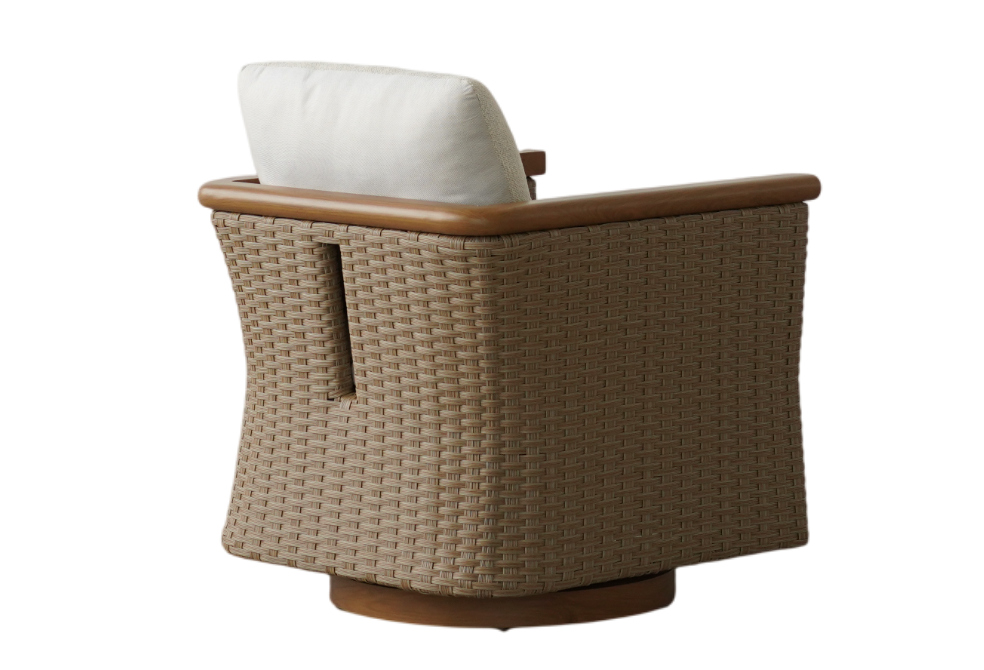 A modern outdoor armchair with a woven wicker body, a light brown wood frame, and a white cushion, shown from a side angle against a solid white background.