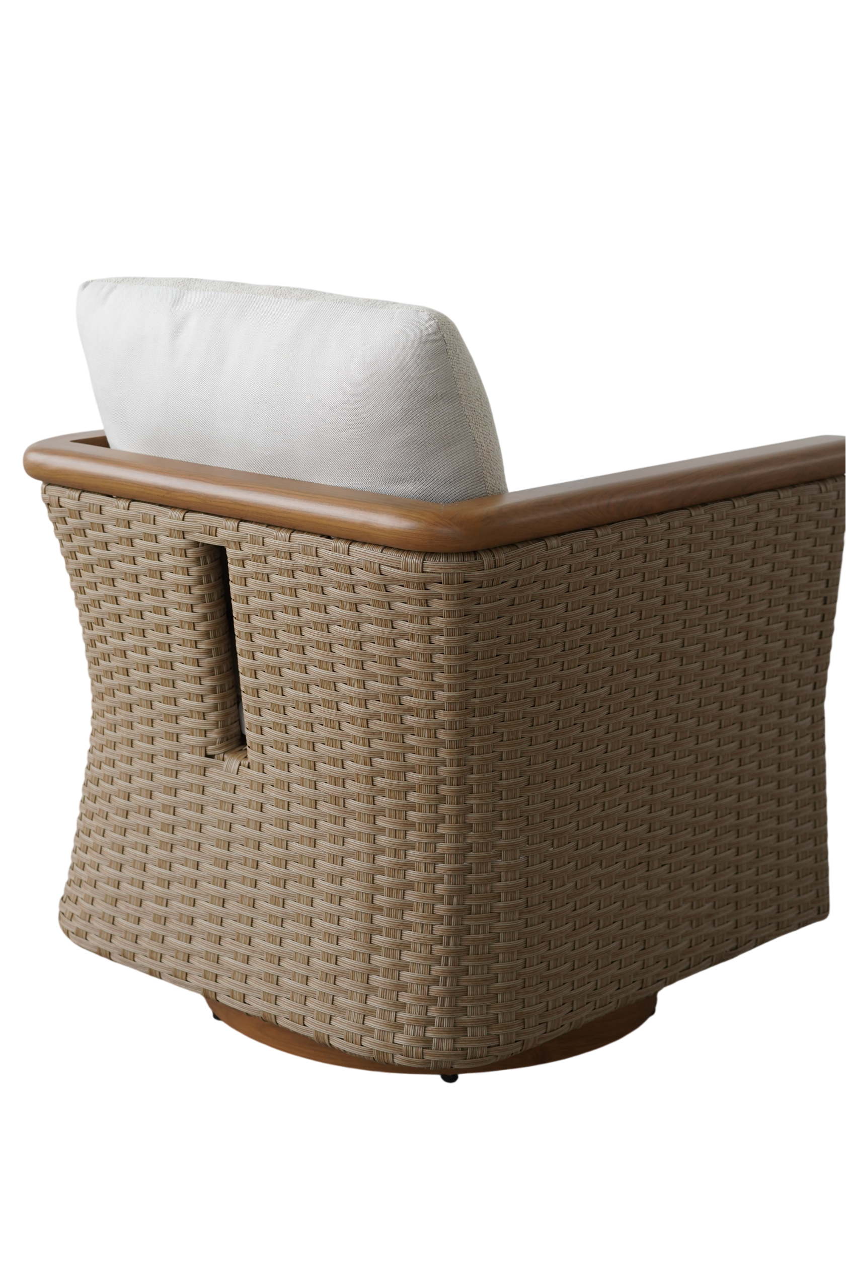 A wicker outdoor swivel armchair with a light beige cushion and brown wooden armrests, shown from a three-quarters angle on a white background.