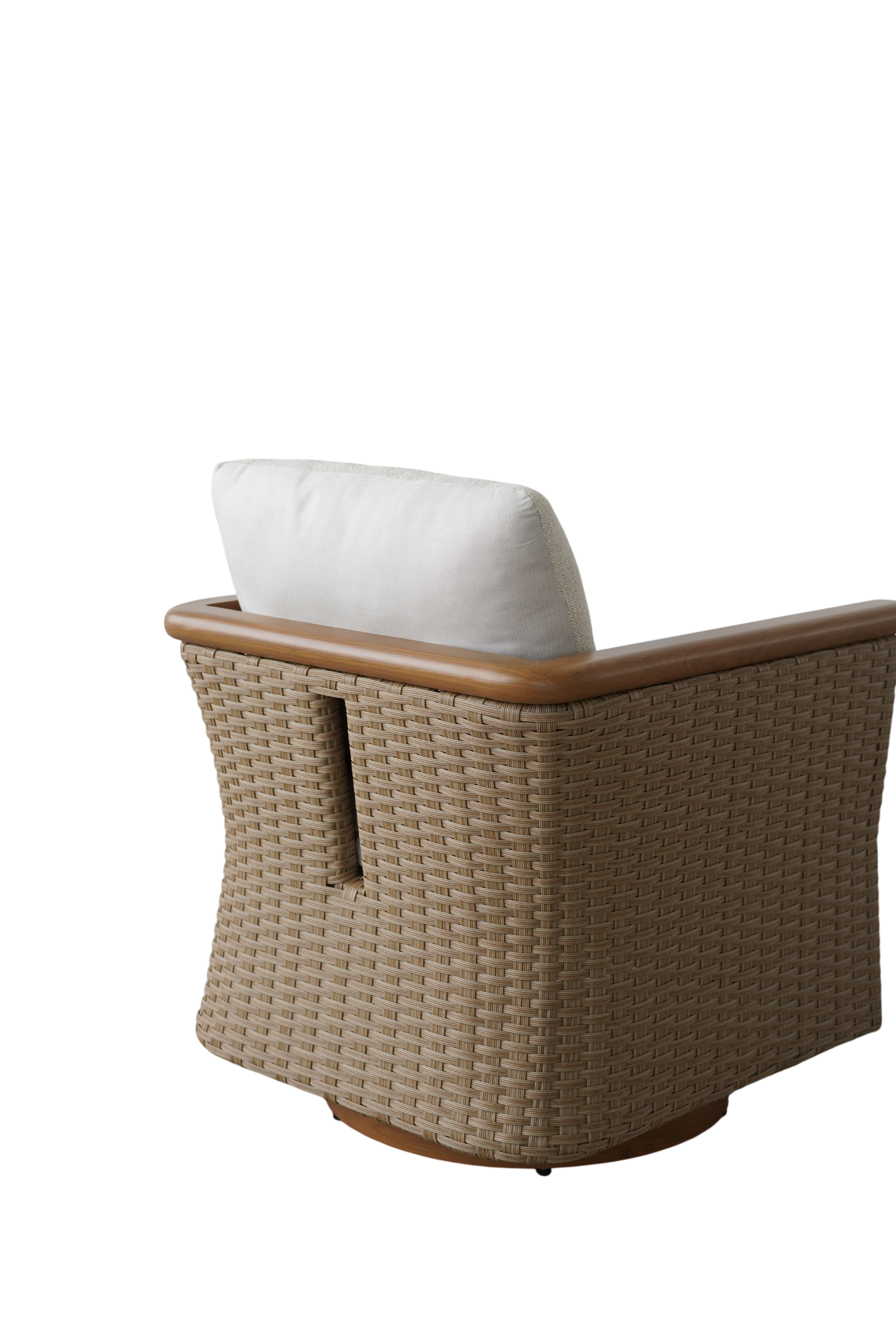 A wicker outdoor swivel armchair with a light beige cushion and brown wooden armrests, shown from a three-quarters angle on a white background.