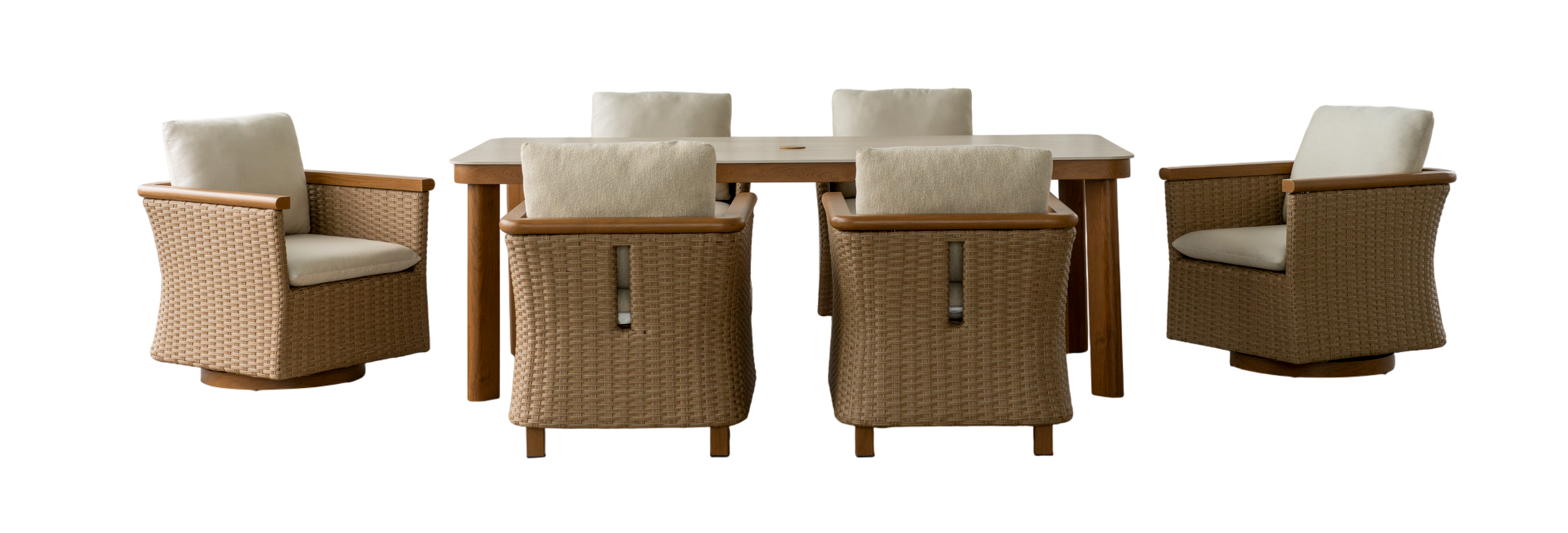A 7-piece outdoor patio dining set featuring a rectangular wooden table and four woven wicker armchairs with cream-colored cushions, isolated on a white background.