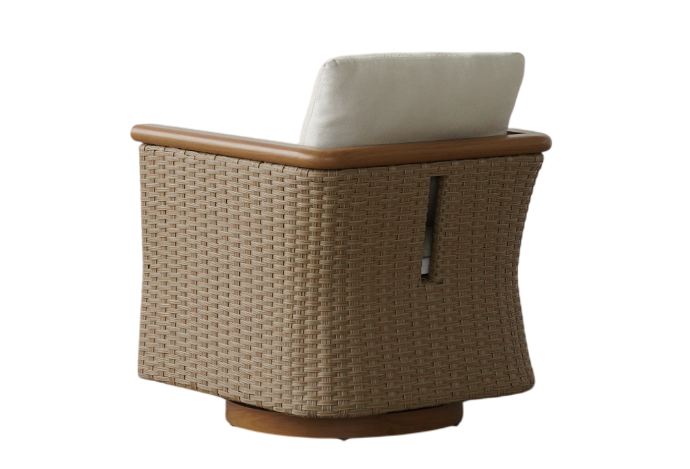 A single outdoor armchair with a woven wicker frame, a brown wooden base, and a white cushion, shown from a side angle against a solid white background.