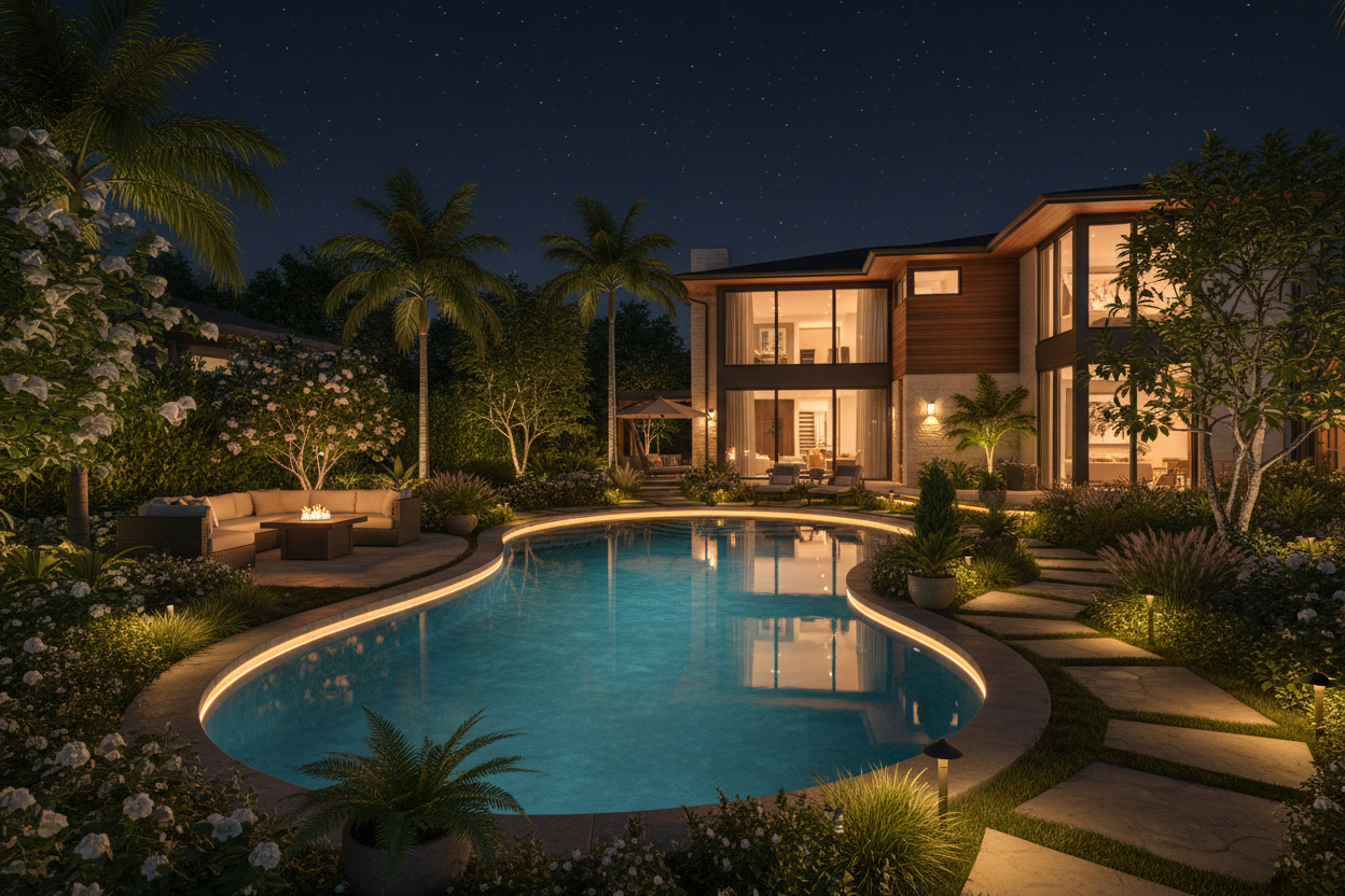 backyard with a pool, house, etc. landscaping, plants, at night with lights on in the house.